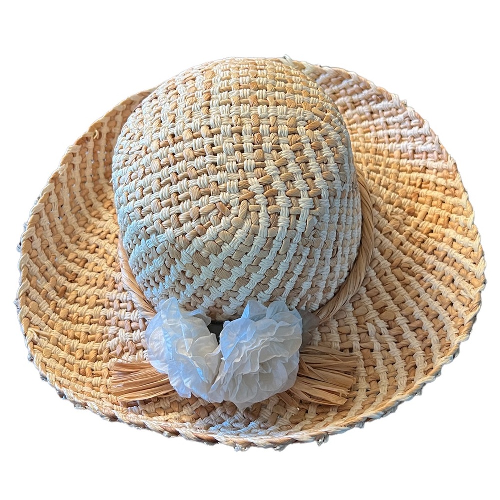 Gorgeous summer straw like hat with white flowers like new - Picture 1 of 17